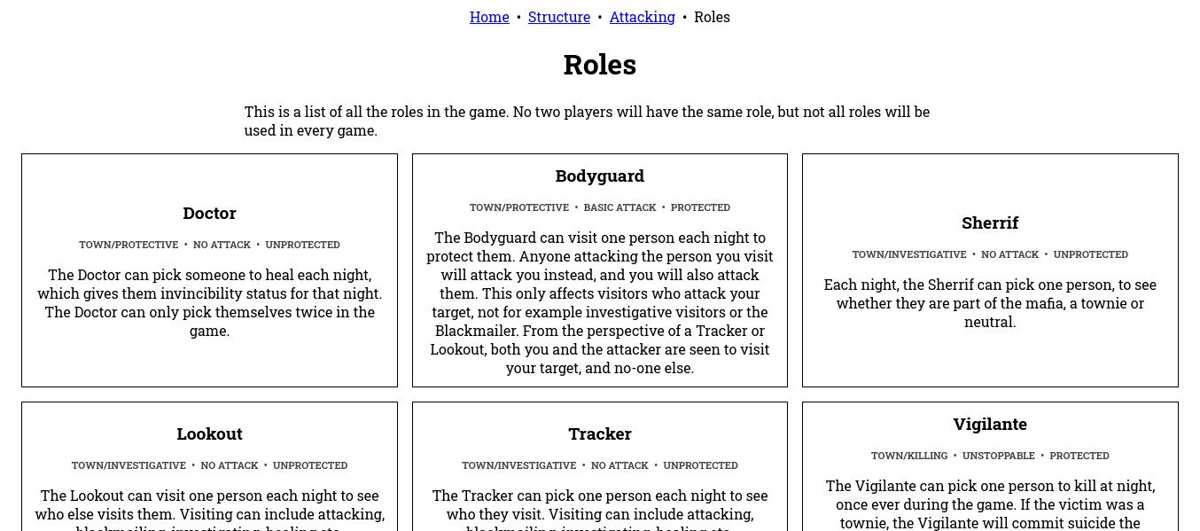 The website showing a list of roles