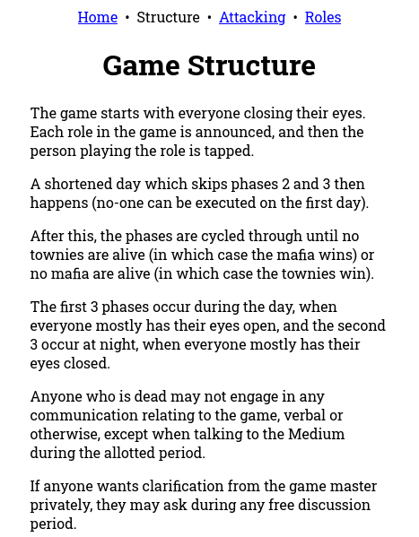 The website showing a description of the game