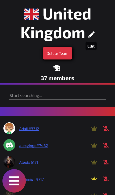 Teams page on mobile